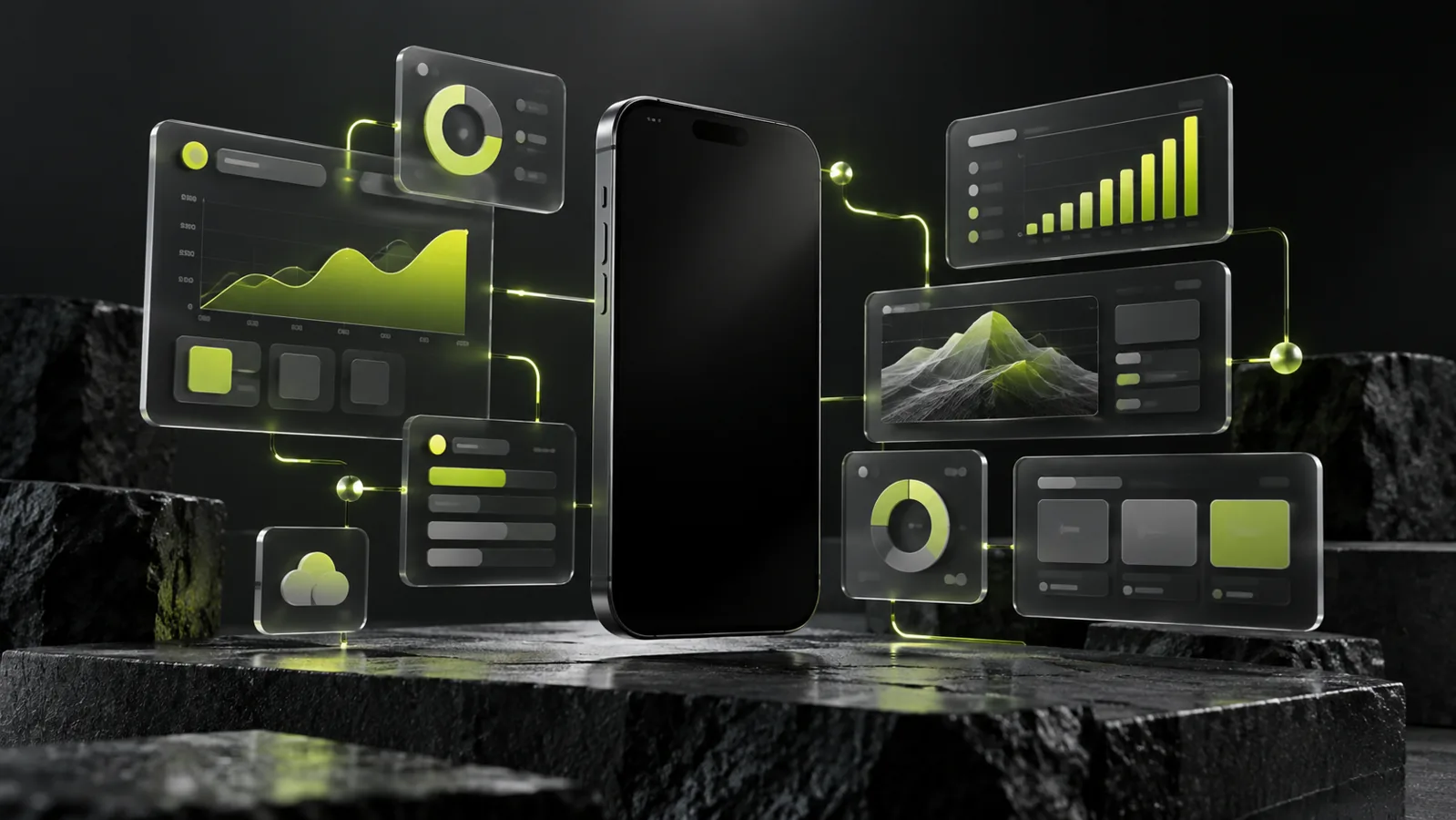 Mobile device surrounded by connected application screens