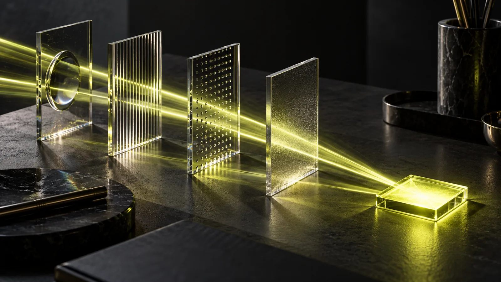 Light passing through glass panels toward a focused destination