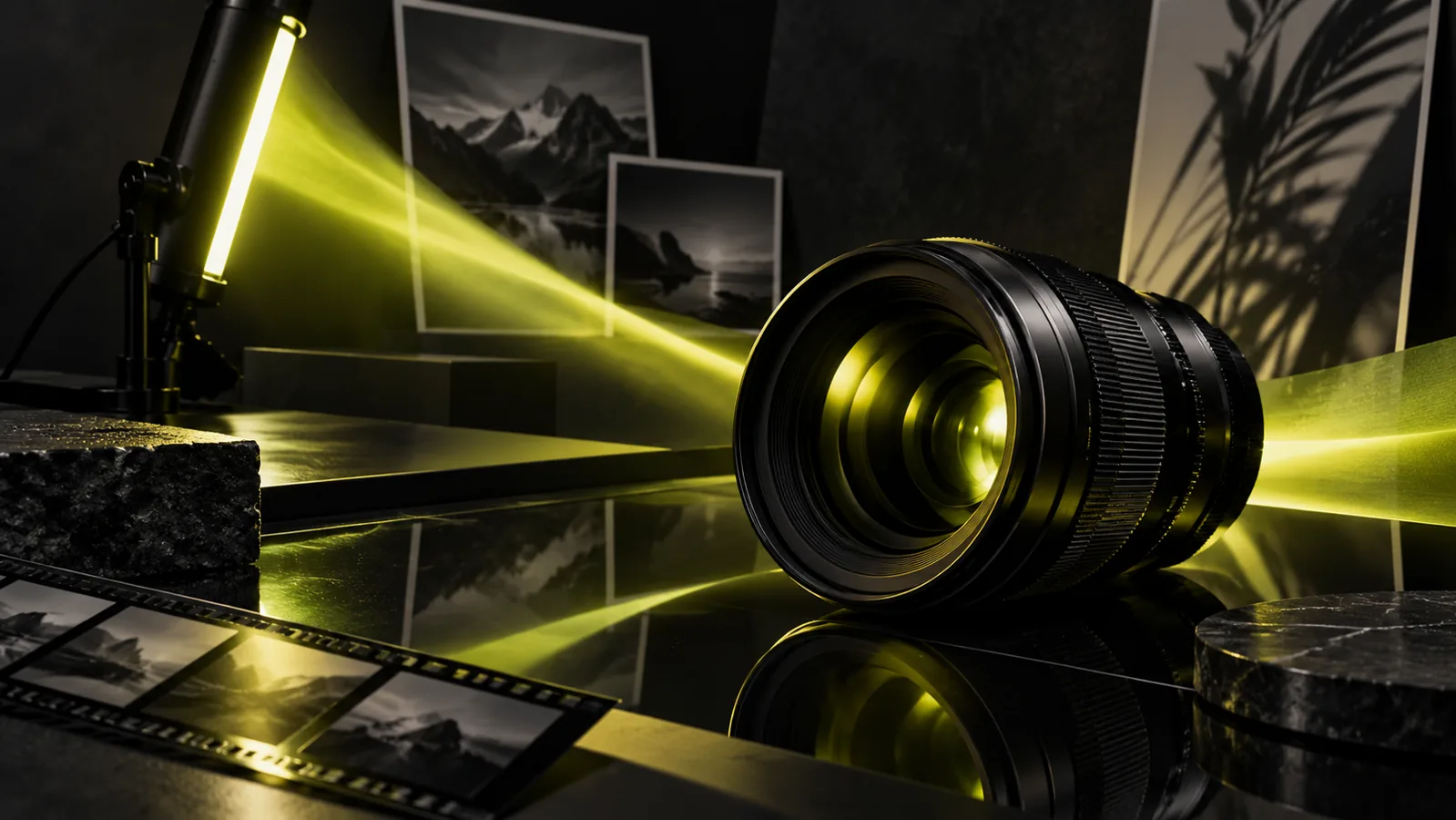 Camera lens and studio light in a dark production setting