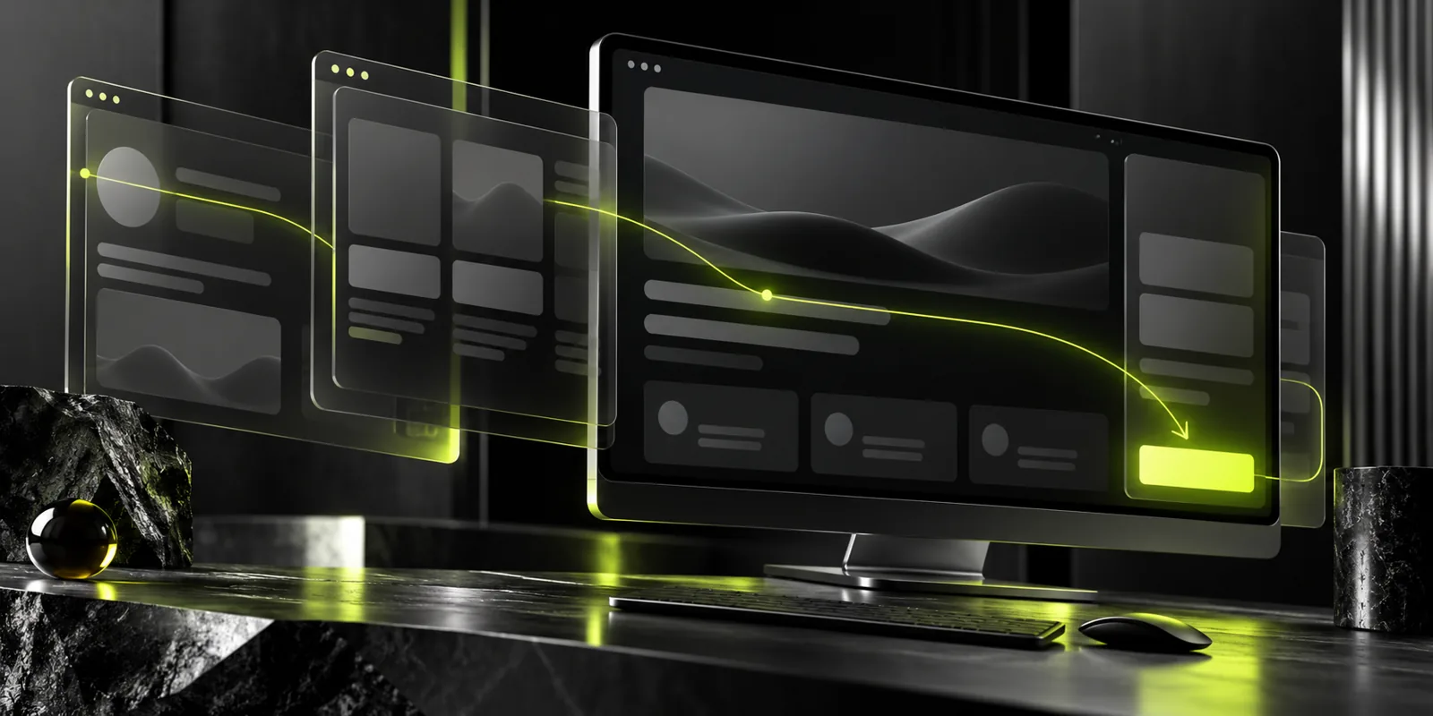Layered website layouts connected by a luminous path to a call to action